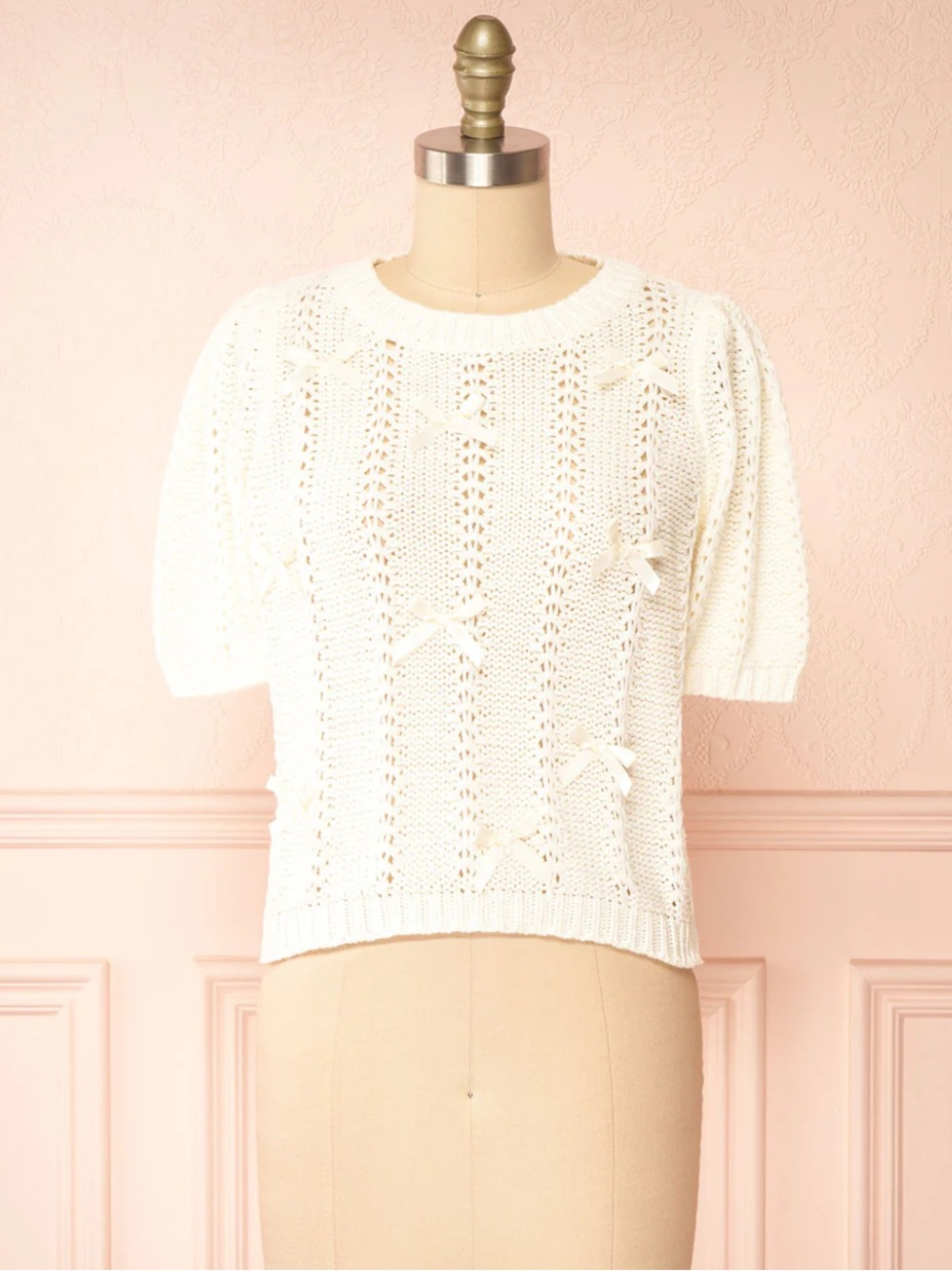 Storia Bow Knit Sweater Short Sleeve Cream Size S NWOT